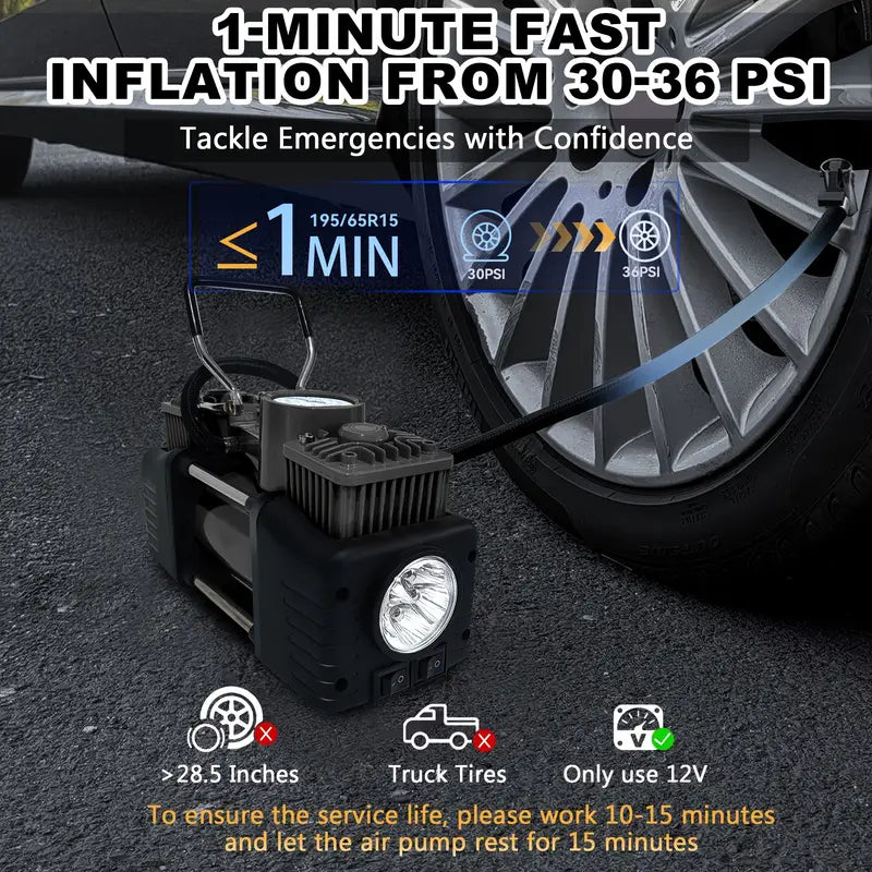 Heavy-Duty Double-Cylinder Tire Inflator by Meshuba Siliver, a Portable Metal DC 12V Air Compressor Designed for Car Accessories.