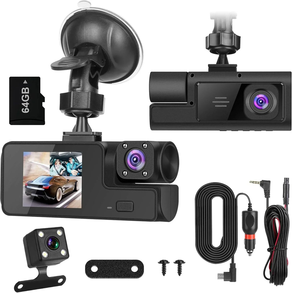 3‑channel car dash cam with front, inside, and rear recording