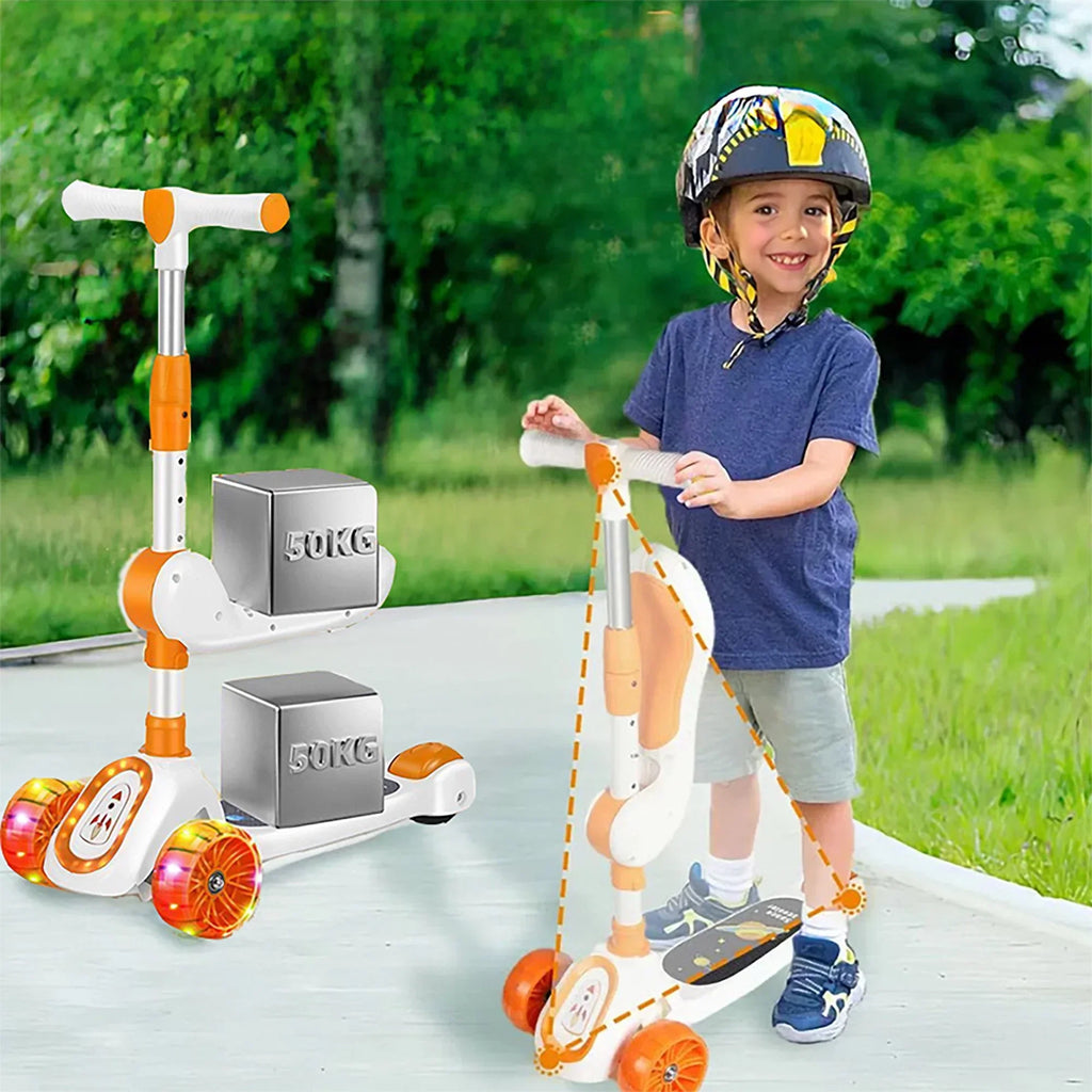 Child playing with a scooter and balance bike on a path with greenery in the background