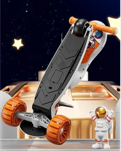 Toy scooter with orange wheels on a space-themed background with an astronaut figure.