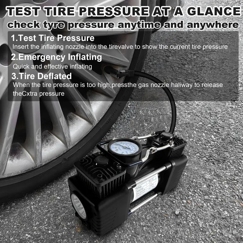 Heavy-Duty Double-Cylinder Tire Inflator by Meshuba Siliver, a Portable Metal DC 12V Air Compressor Designed for Car Accessories.