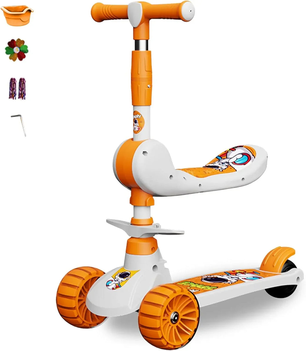 Children's scooter with orange and white design on a white background