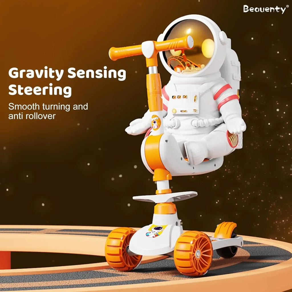 Toy scooter with astronaut design on a wooden track against a space-themed background