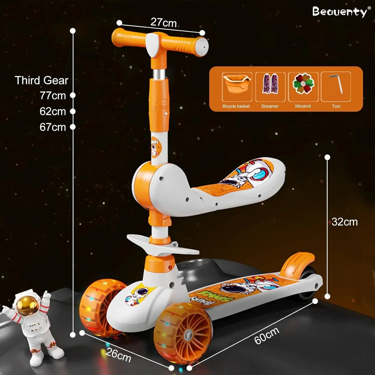 Children's scooter with measurements and features on a dark background