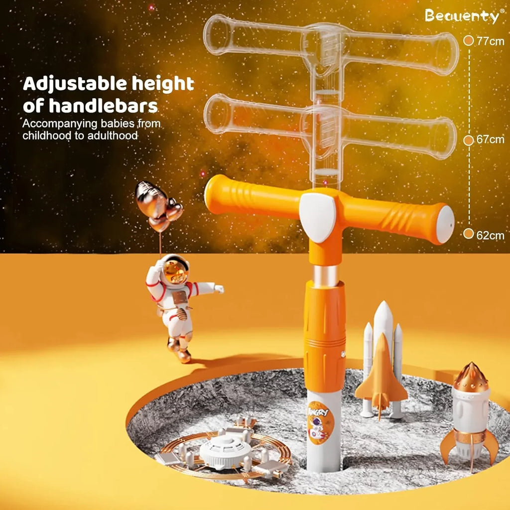 Children's scooter with adjustable handlebars on a space-themed background