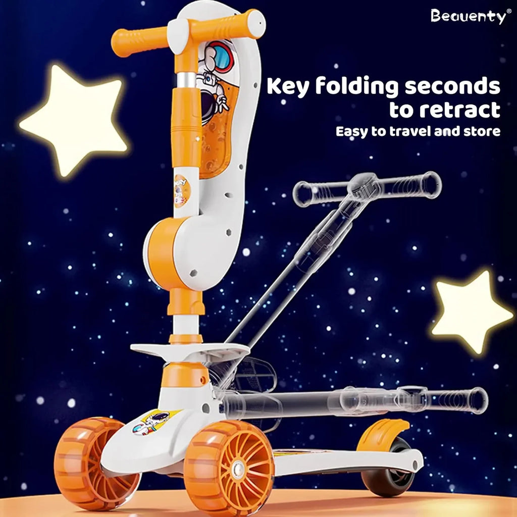 Children's scooter with folding mechanism on a starry night background
