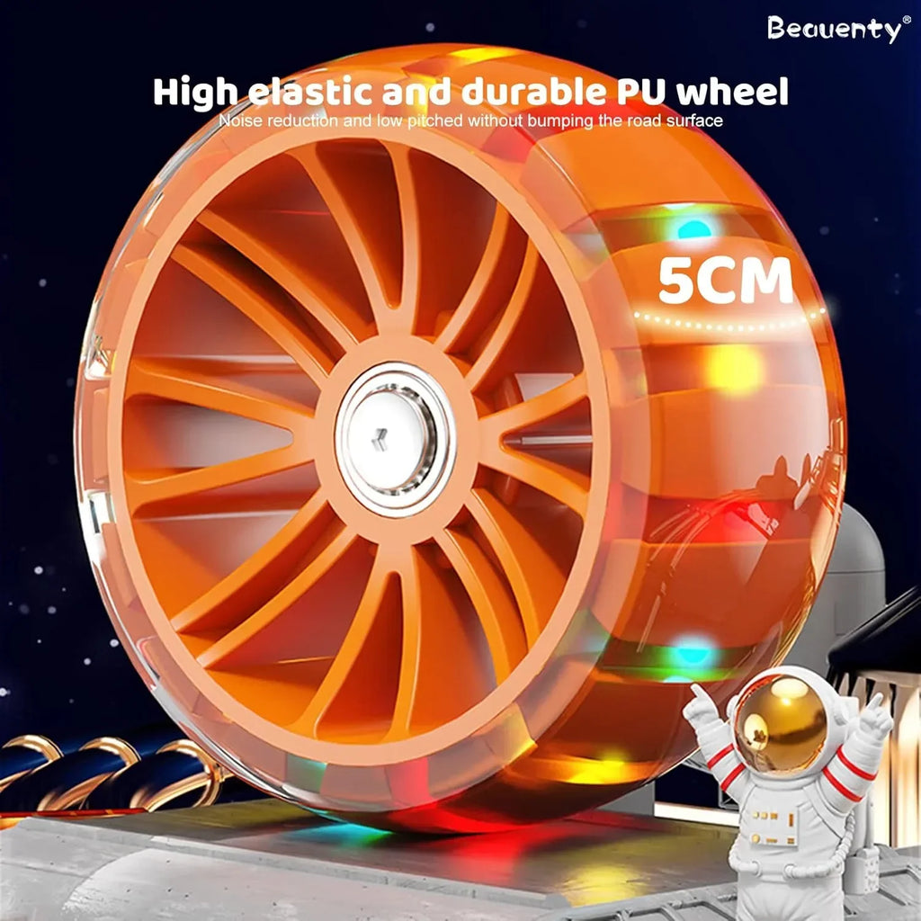Orange wheel with '5CM' text on a space-themed background, featuring an astronaut figure.