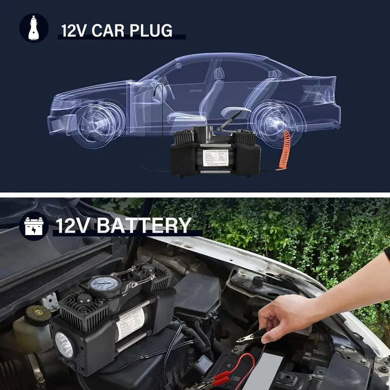 Heavy-Duty Double-Cylinder Tire Inflator by Meshuba Siliver, a Portable Metal DC 12V Air Compressor Designed for Car Accessories.