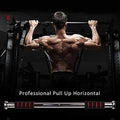 A muscular man is shown from behind performing a horizontal pull-up on a barbell inside a dark gym setting. The barbell is featured prominently at the bottom of the image with the text 'Professional Pull Up Horizontal' overlaid.