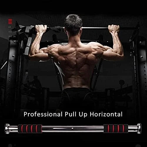 A muscular man is shown from behind performing a horizontal pull-up on a barbell inside a dark gym setting. The barbell is featured prominently at the bottom of the image with the text 'Professional Pull Up Horizontal' overlaid.