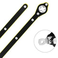Black metal strap with silver eyelets on a white background