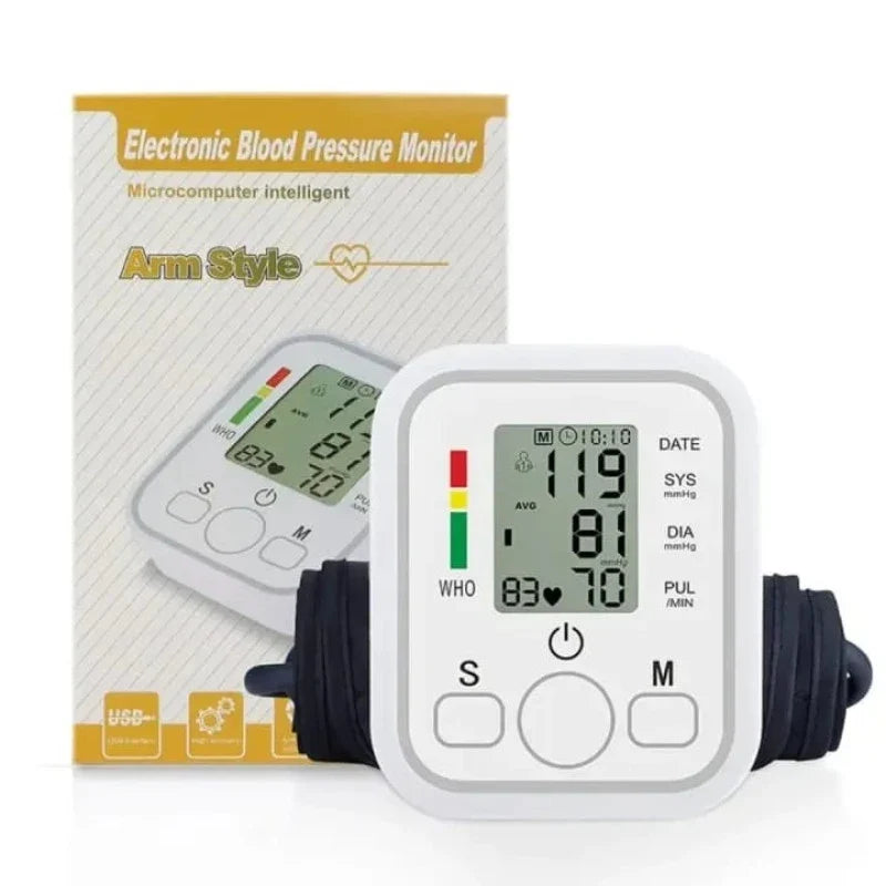 "Arm style digital BP machine with WHO color indicator scale"