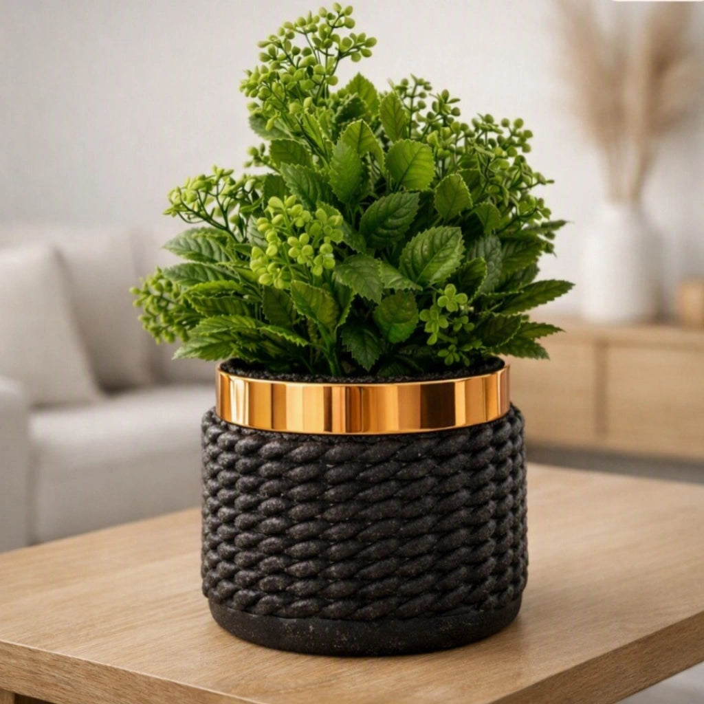 A green leafy plant in a black rope-wrapped planter with a metallic gold band, displayed on a light wood table in a softly blurred living room setting.