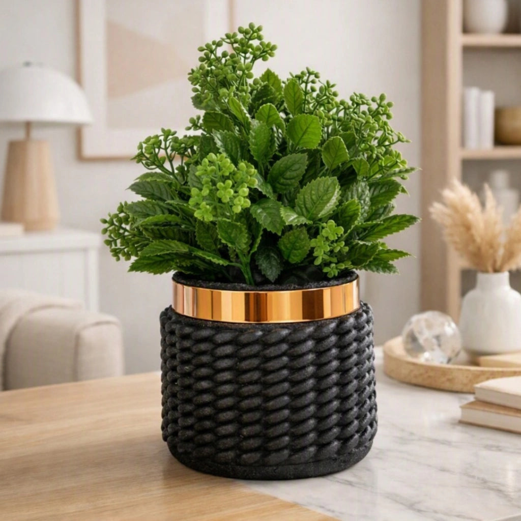 A potted green leafy plant in a black woven planter with a metallic gold band, displayed on a wooden table in a bright, modern living room setting.