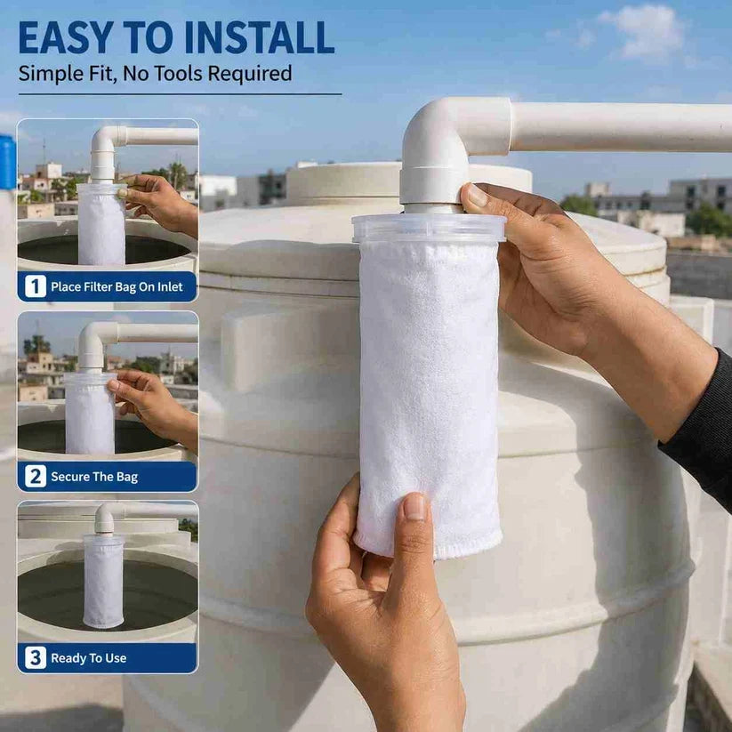 Before and after water tank comparison with filter bag