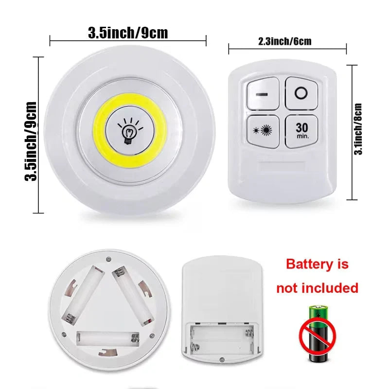 White light bulb socket with remote control, dimensions, and battery information on a white background.