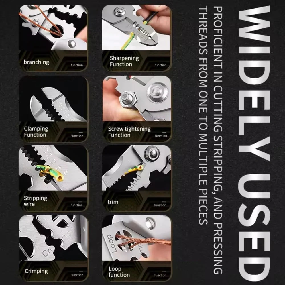 A multi-tool clip diagram showing eight different functions: branching, sharpening, clamping, screw tightening, stripping wire, trimming, crimping, and loop function. The image features a dark background with white text reading 'WIDELY USED' and small inset images demonstrating the tool's use.