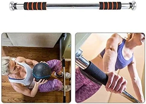 A silver pull-up bar with black and orange grip handles, shown at the top and demonstrated by two inset photos of a woman performing pull-ups on a wooden floor.