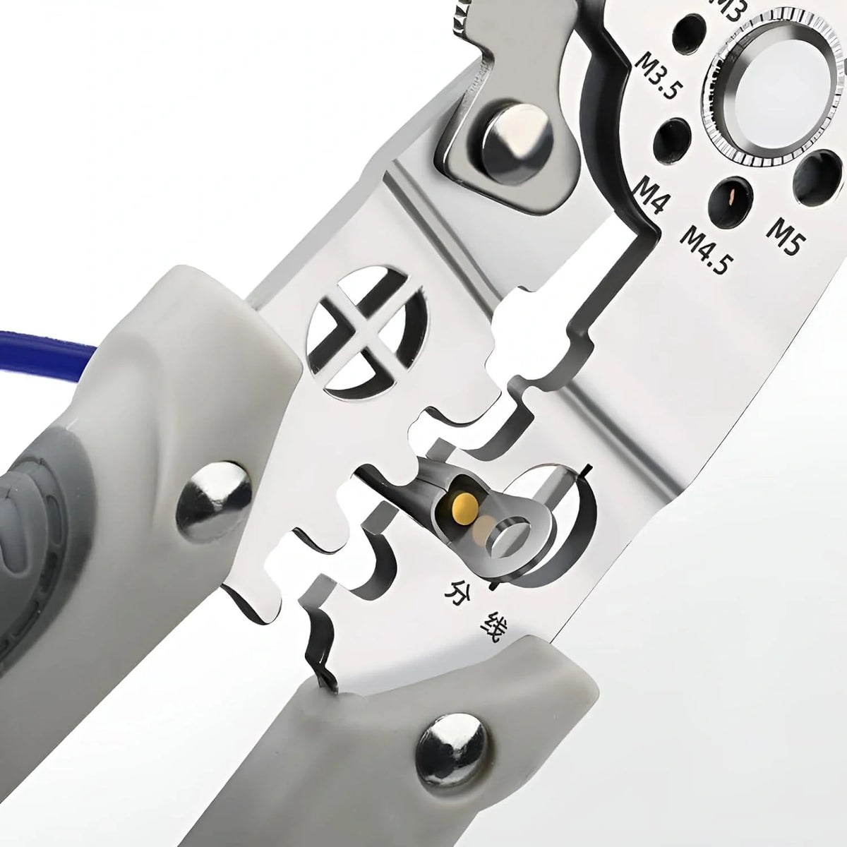 Close-up of a mechanical device with various measurement markings on a white background