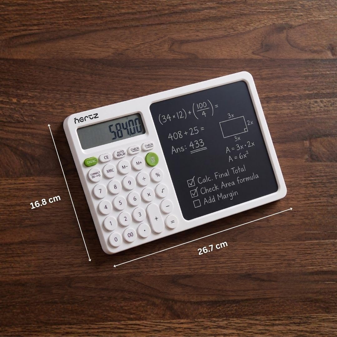 A white electronic calculator with a built-in black chalkboard display screen, shown on a dark wood background with dimension lines indicating its height of 16.8 cm and width of 26.