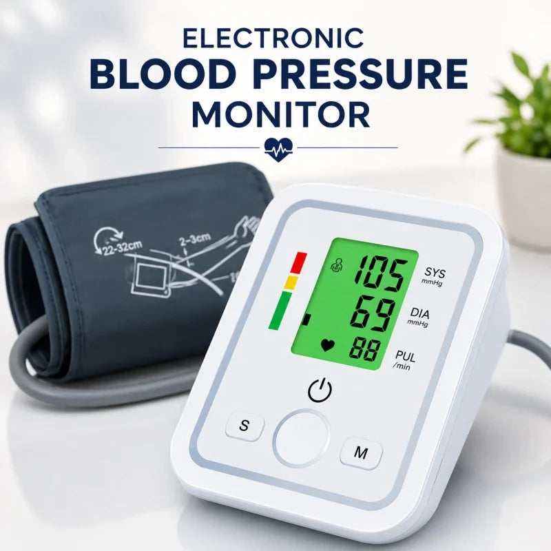 "Electronic Blood Pressure Monitor with LED display showing SYS, DIA, and PUL readings"