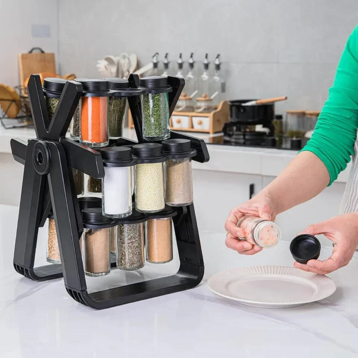 "Ferris Wheel spice rack with rotating glass jars"