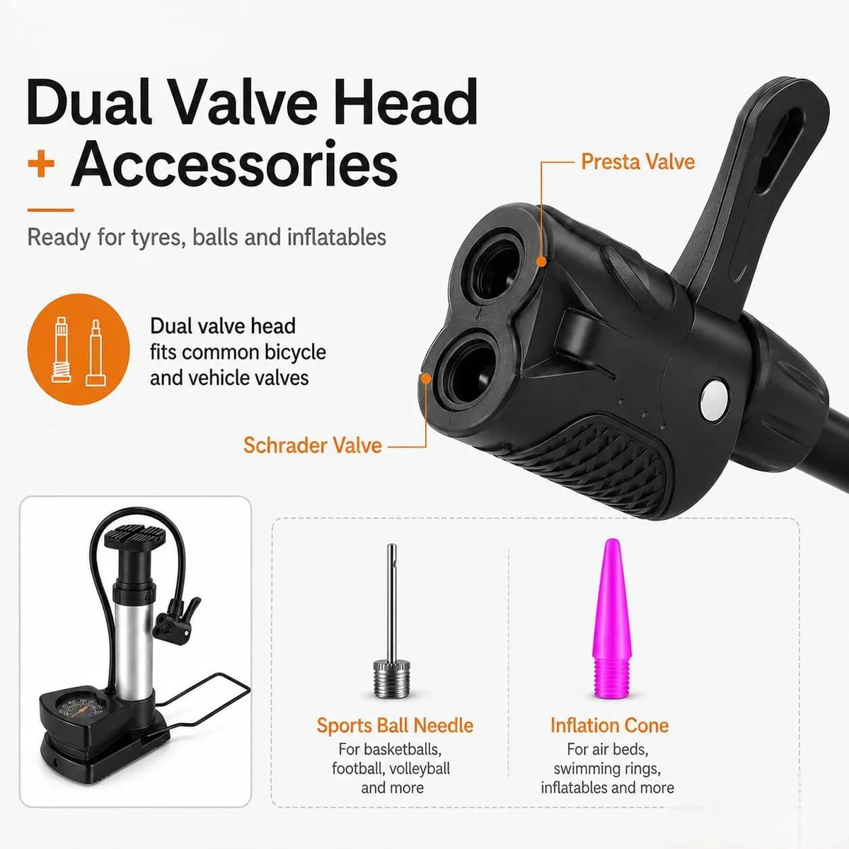 Foot pump with non‑slip pedal and dual valve compatibility