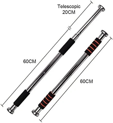 A pair of telescoping metal exercise bars with black and red foam grips, shown on a white background with dimension lines and text indicating 60CM length and 20CM telescopic section.