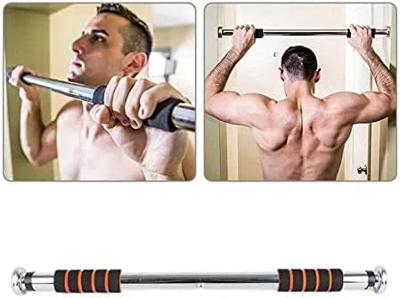 A pull-up bar shown in two inset photos of a shirtless man using it, with a large front view of the bar at the bottom. The bar is metallic silver with black and orange grip padding.