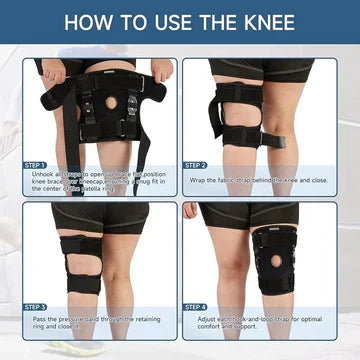 Instructions on how to use a knee brace with labeled steps.