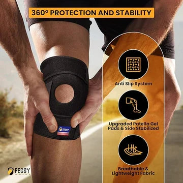 Knee brace with FEGSY branding on a person's knee, featuring text about features.