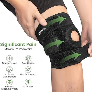 Knee brace with green arrows on a person's knee, featuring the brand 'YONGCA'.