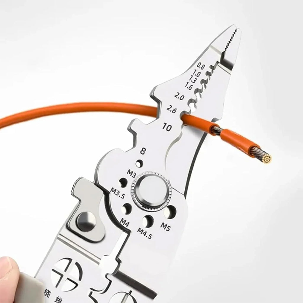 Wire stripper with orange wire on a white background