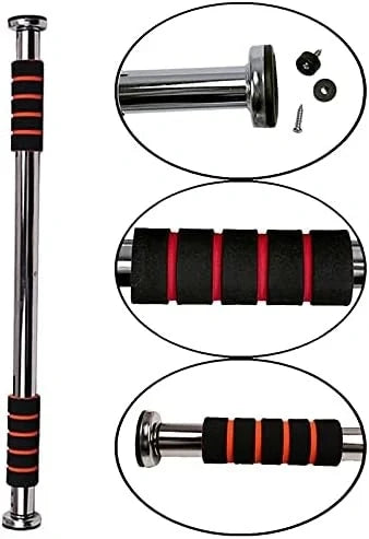 Adjustable metal wall bar with black and red foam handles, shown alongside three circular detail insets highlighting the mounting hardware, handle texture, and handle grip.