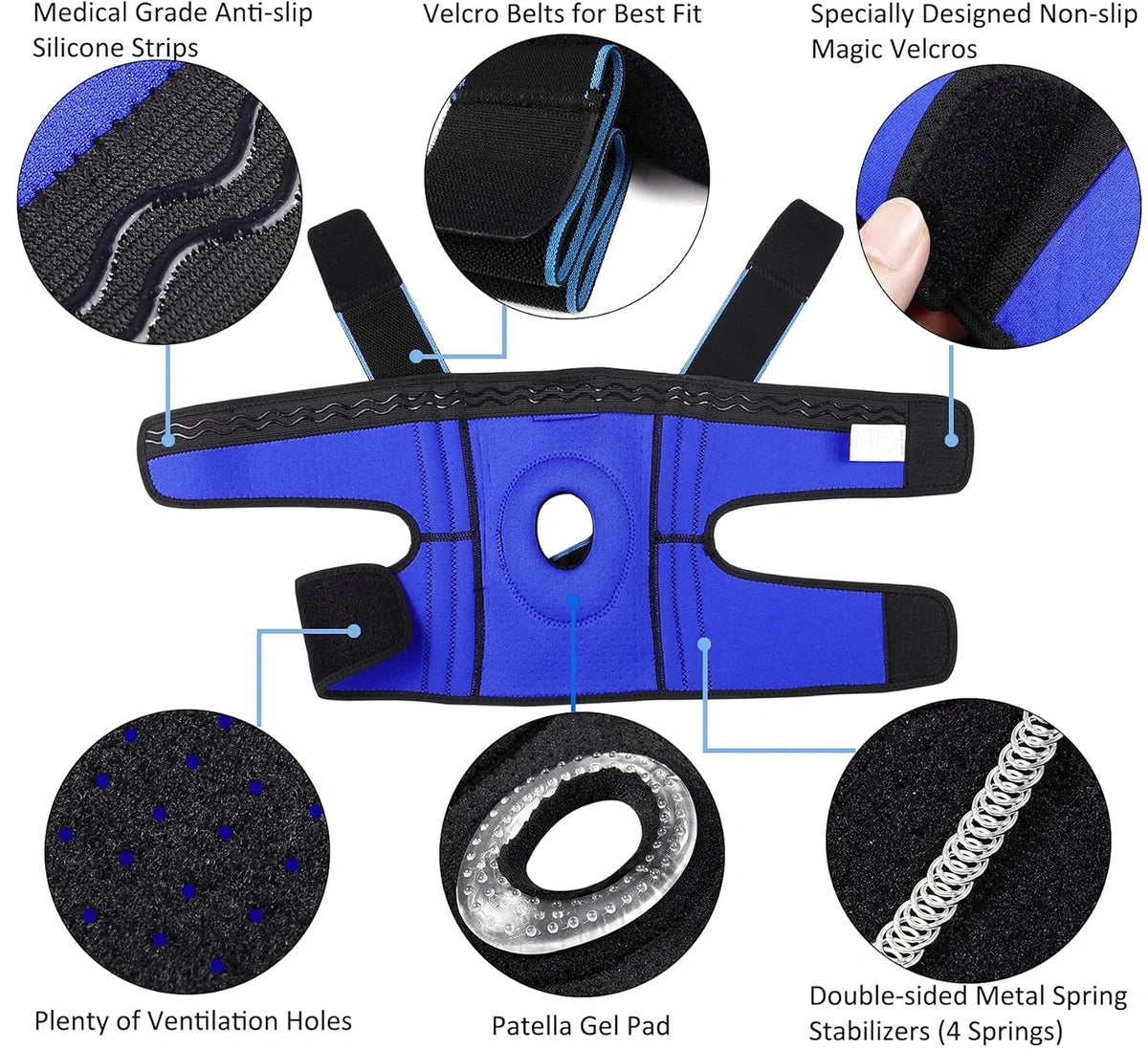 Blue and black back support brace with callout circles highlighting features such as anti-slip silicone strips, Velcro belts, non-slip Magic Velcro, ventilation holes, gel pad, and metal spring stabilizers.