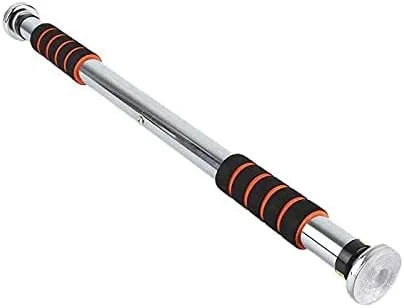 A silver adjustable pull-up bar with black and orange textured grip handles, shown diagonally on a plain white background.
