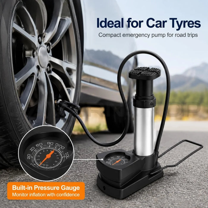 Portable high pressure foot pump with built‑in gauge