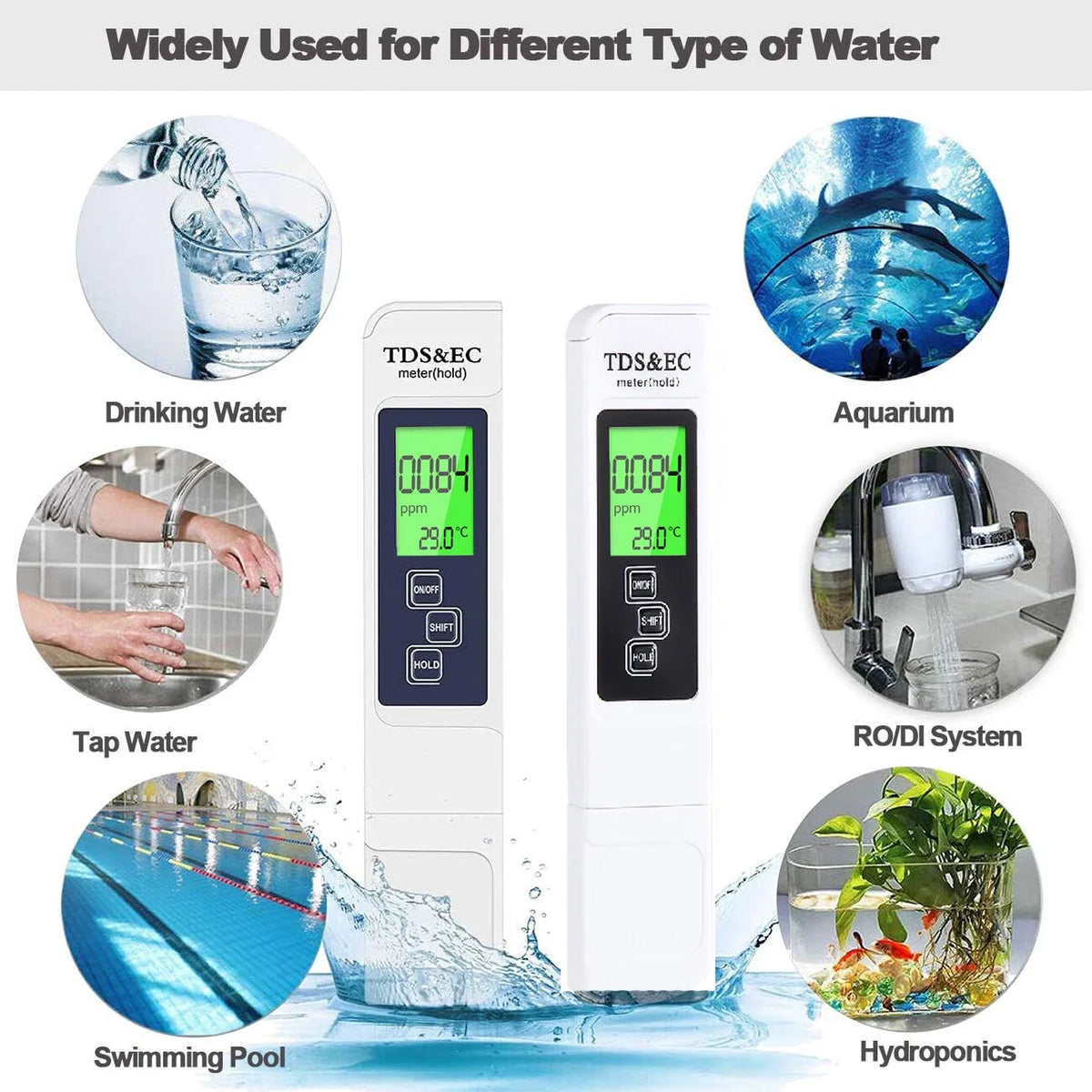 Portable water quality meter with LCD display showing ppm reading