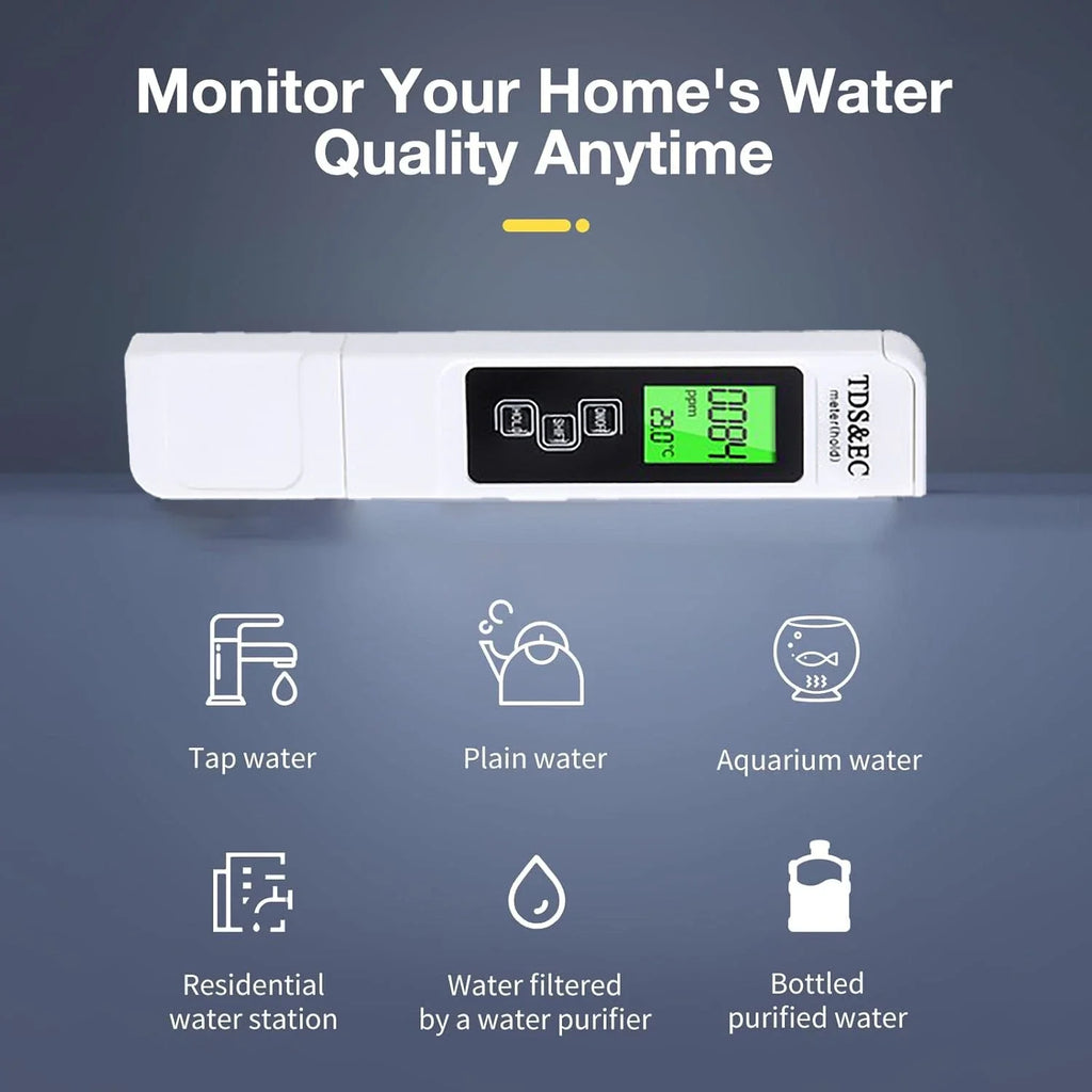 A white digital water quality test strip with a green LCD screen, shown on a dark blue-gray background with marketing text and icons for different water types.