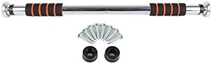 A chrome steel pull-up bar with black and orange grip handles, shown with included mounting hardware including screws, washers, and two black rubber bushings on a plain white background.