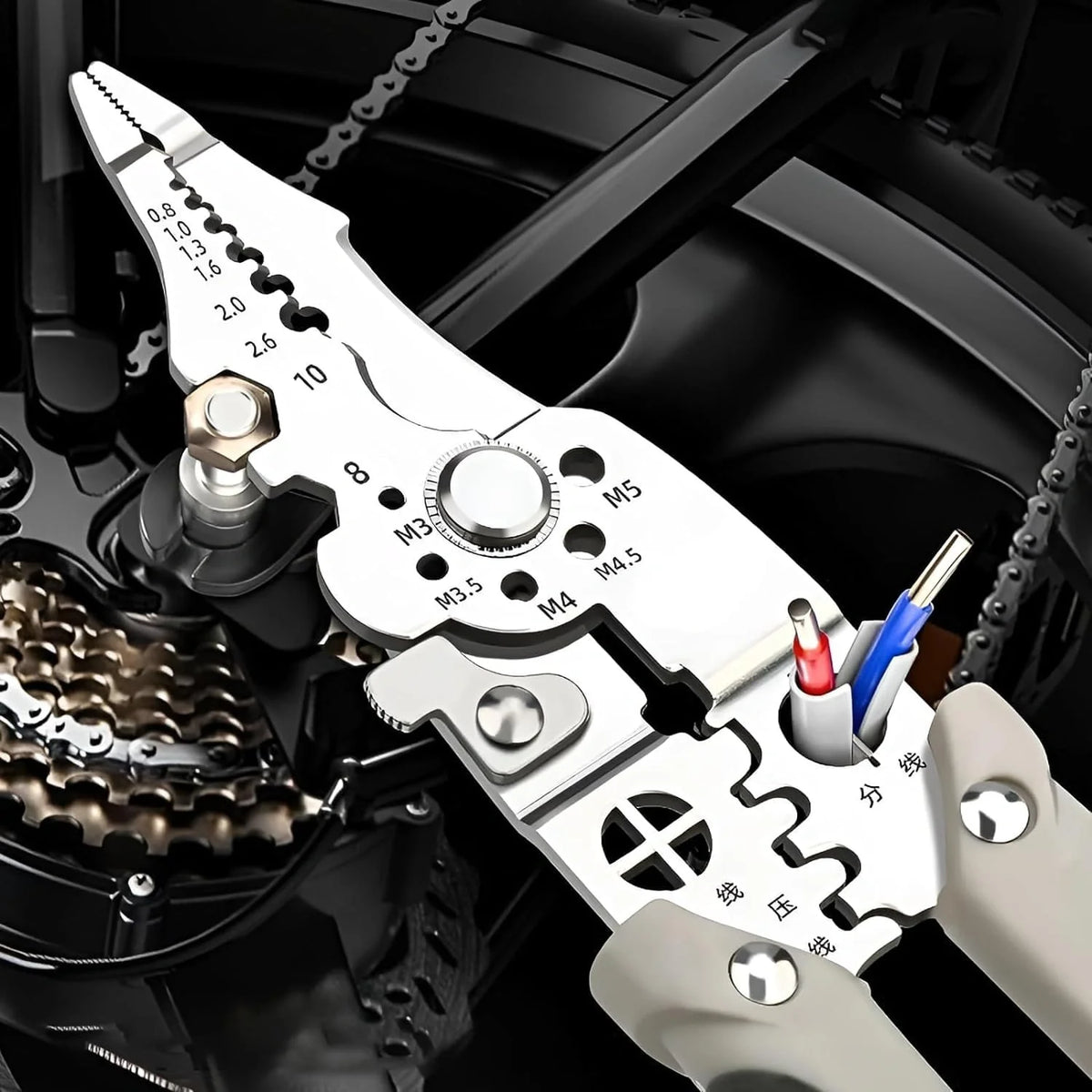 Multitool plier with measurement markings on a mechanical background