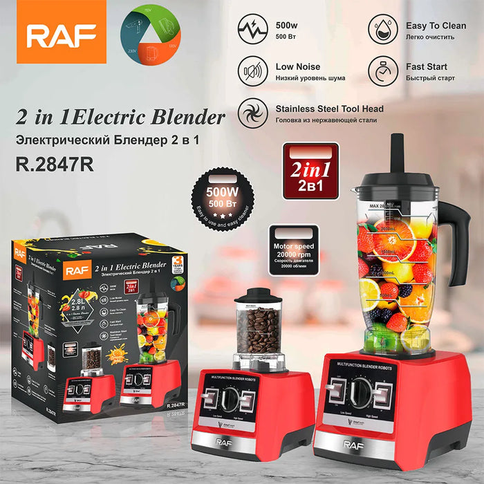 "RAF 2 in 1 Electric Blender R.2847R with large fruit jar and grinder"

