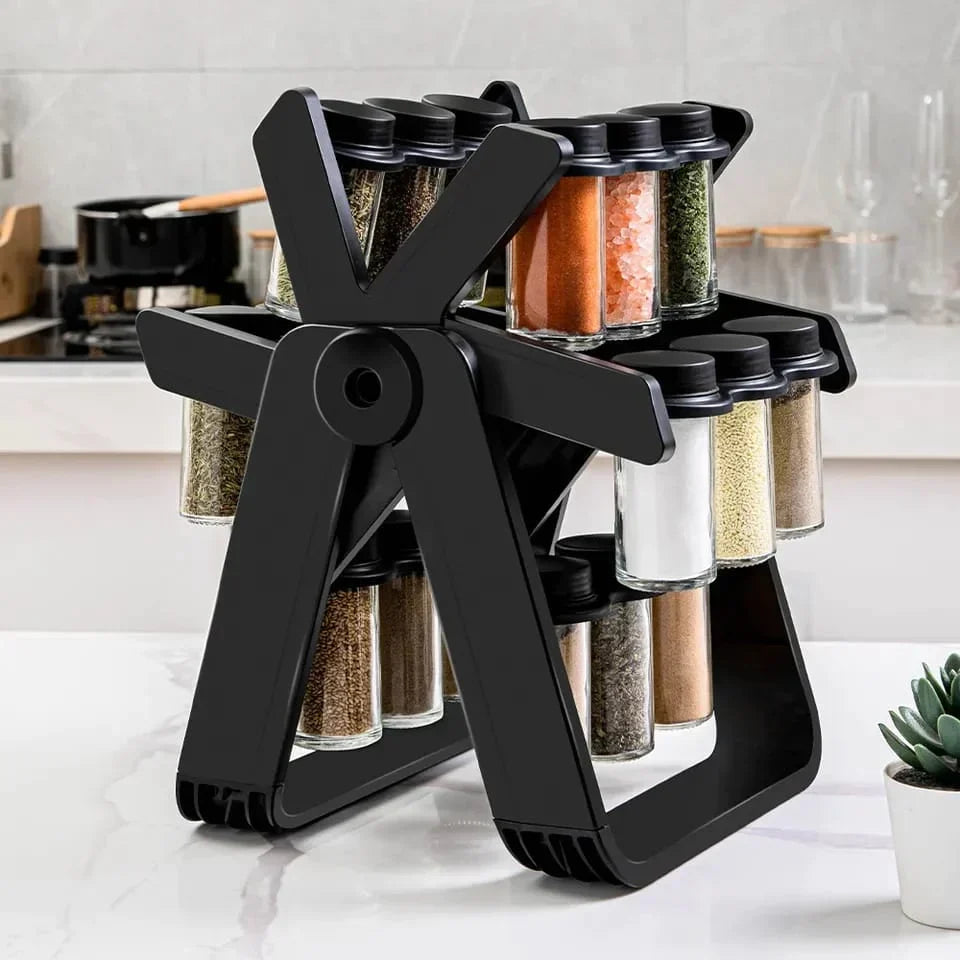 "Rotating spice rack holding colorful seasonings"