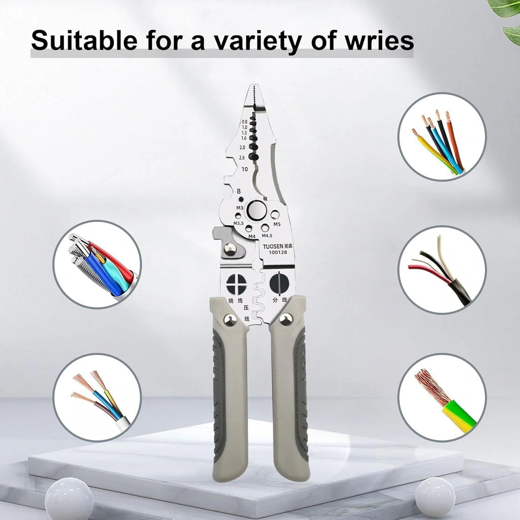 Cable strippers with text 'Suitable for a variety of wires' on a light gray background.