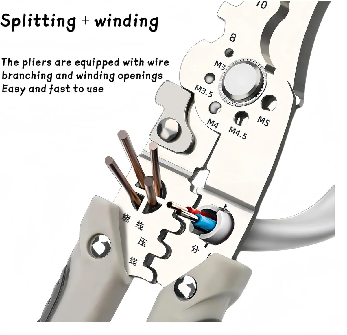 Close-up of a silver metal crimping tool with gray handles, showing wire branching and winding openings, with text describing its use on a white background.