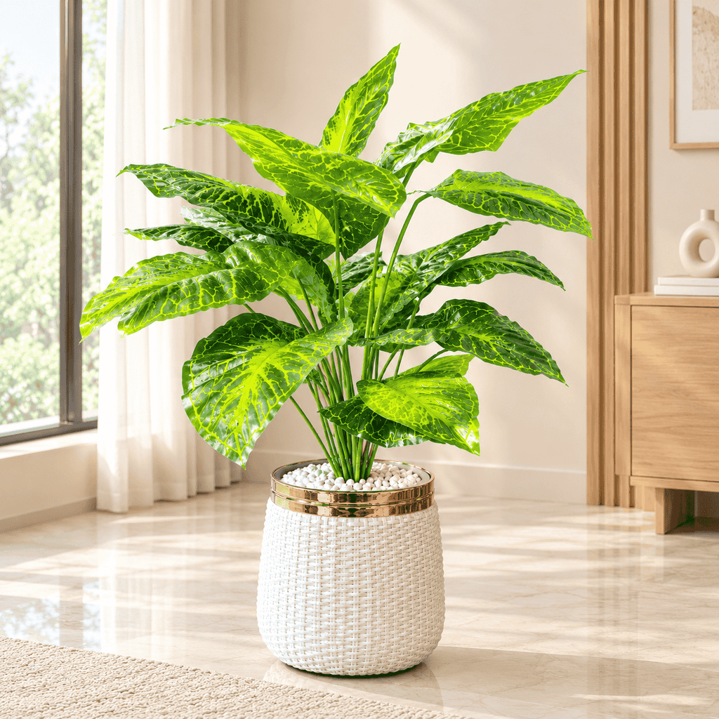 Premium Artificial Potted Plant with Gold-Rim Woven Planter – Luxury Indoor Home Décor