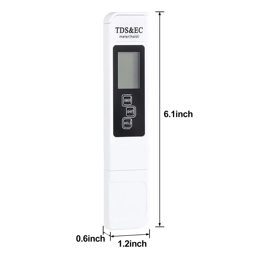 A white TDS&EC meter handheld device with a black control panel and screen, shown with dimension annotations indicating 6.1 inches tall, 0.