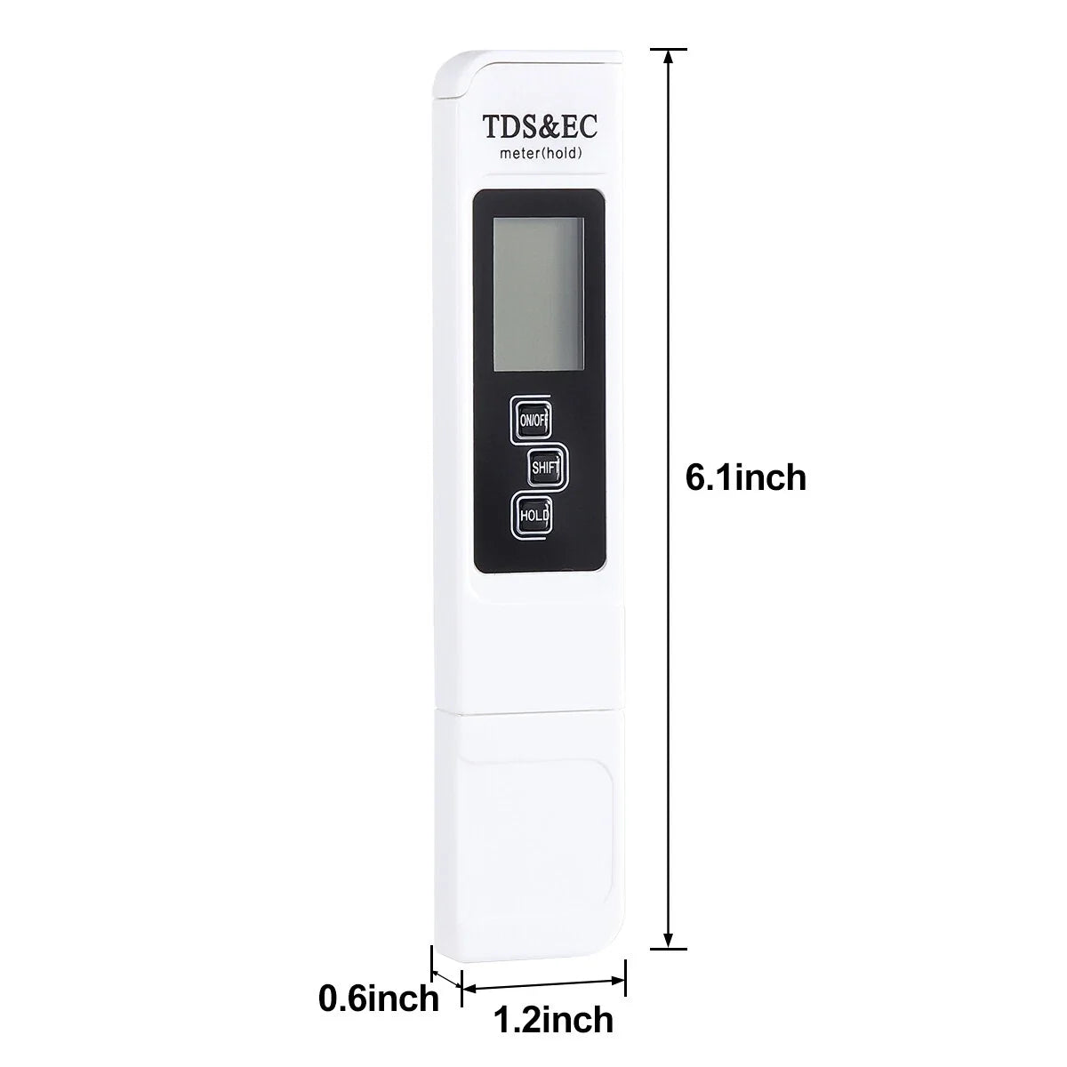 A white TDS&EC meter handheld device with a black control panel and screen, shown with dimension annotations indicating 6.1 inches tall, 0.