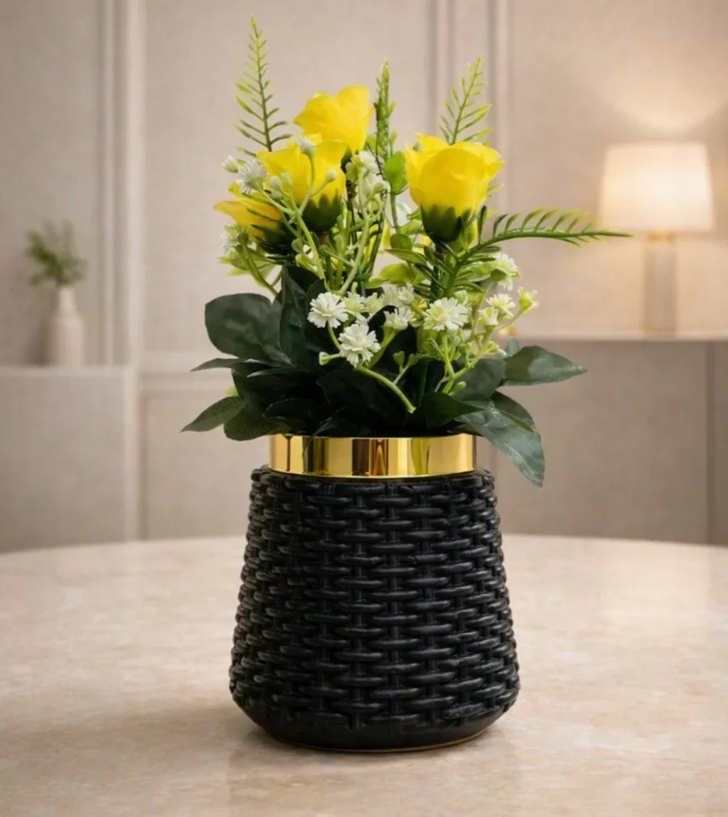 Decorative Pots Set – Pack of 5 or 10 Black & White Woven Design with Gold Rim