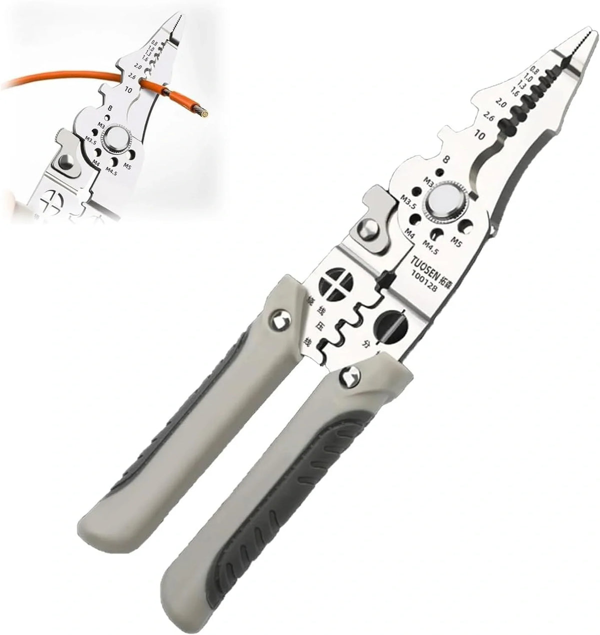 A multi-tool wire stripping and crimping pliers shown on a white background, with a small inset demonstrating the stripping function on an orange wire.